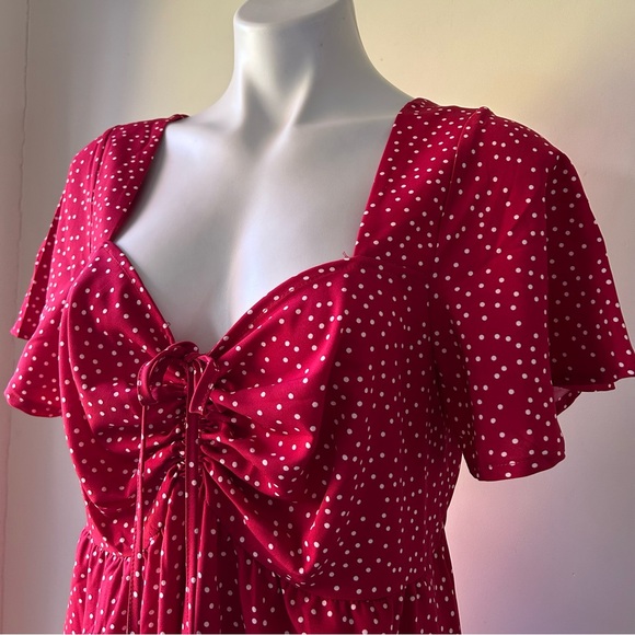 Red Polka Dot Ruched Sweetheart Bodice Ruffle Tiered Midi Dress 12/L  NWT - Picture 4 of 9
